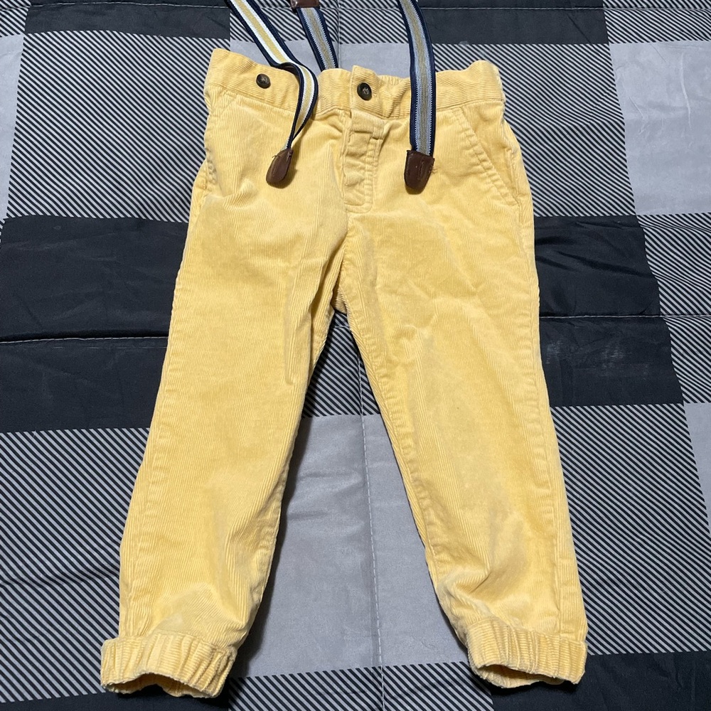 Janie and Jack yellow corduroy jogger style pants with suspenders